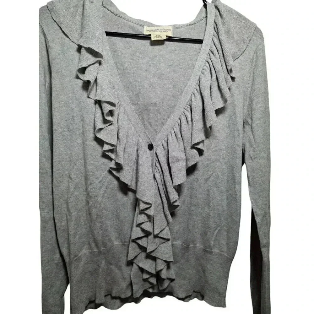 Denim & Supply Ralph Lauren Size XL Gray Ruffle Button Up Cardigan Sweater